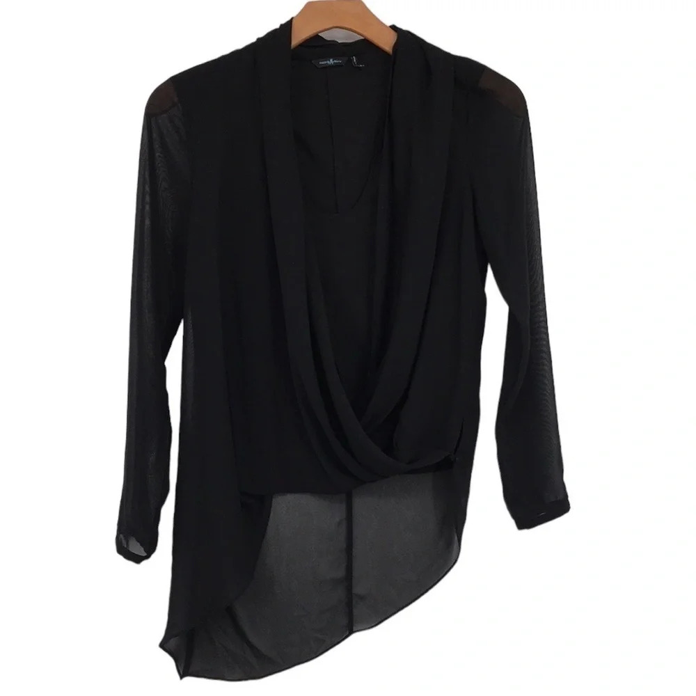 Guess By Marciano Blouse Womens XS Black Drape Front Long Sleeve Top Cowl Neck